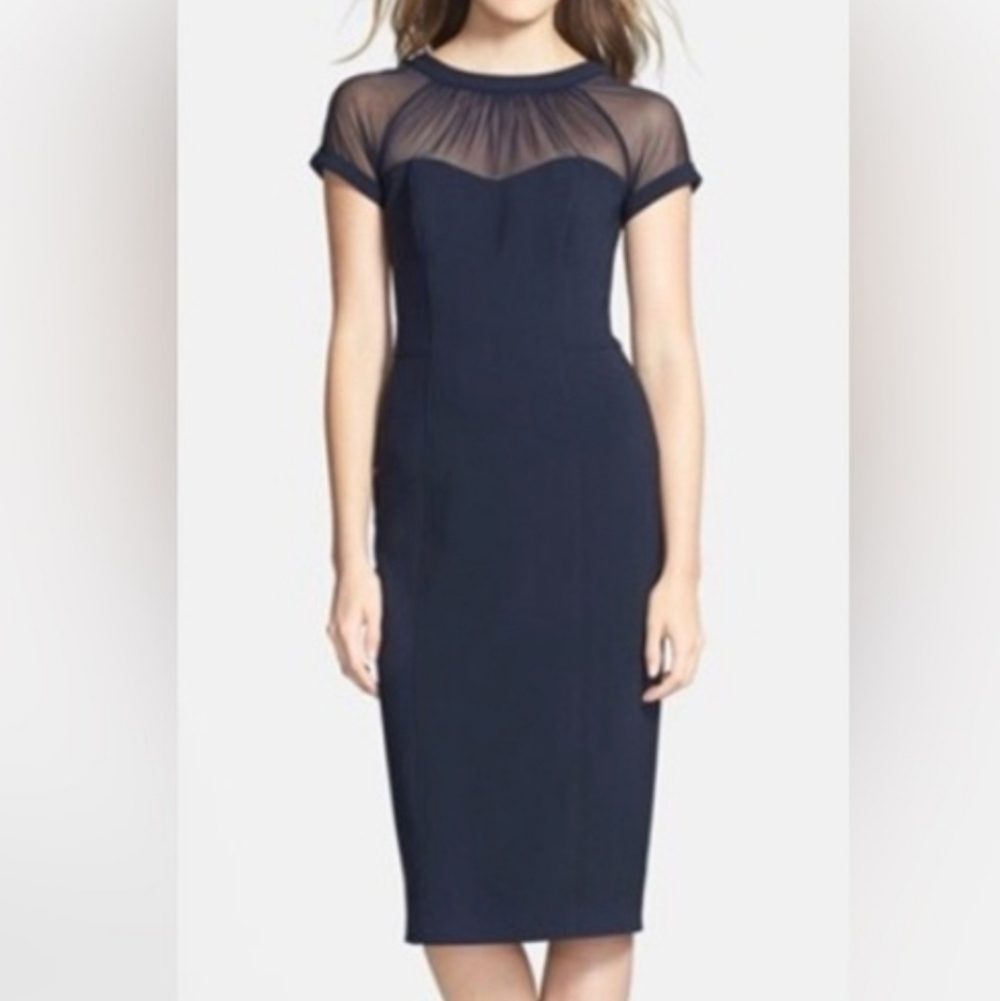 Maggy London Lyria Navy Midi Sheath Illusion Dress